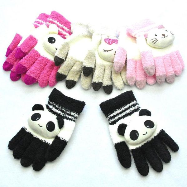 

five fingers gloves female winter warm glove cute cartoon panda cat bow knit girl women fashion coral fleece full finger mittens, Blue;gray