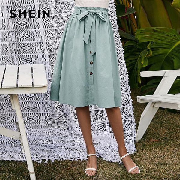 

baby blue paper bag waist belted flared skirt women summer high lady a line casual cute midi skirts, Black