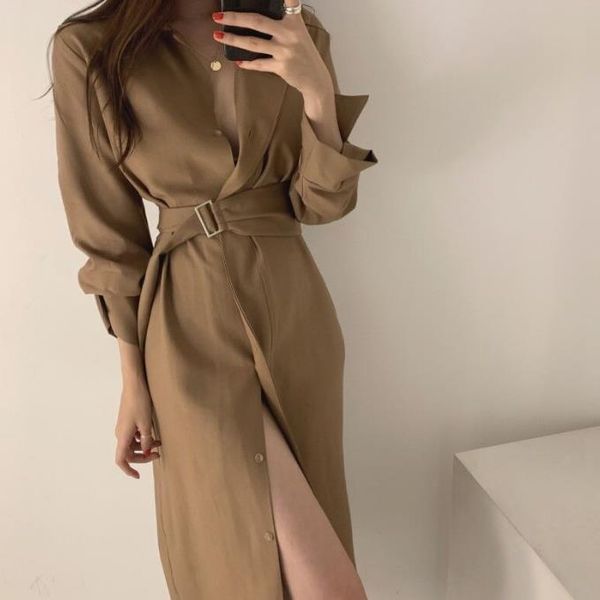

casual dresses south korea autumn 2021 gentle milk tea lapel long shirt dress, Black;gray