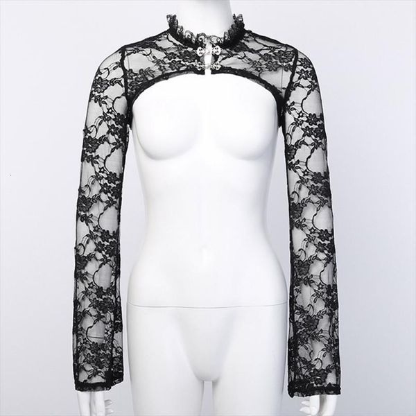 

vintage flare long sleeve women shirts slim bolero ruffles stand collar floral lace shrug sheer black cardigan top, White