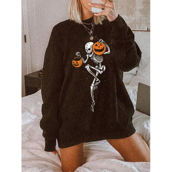 

women's hoodies & sweatshirts pumpkin skull print halloween black pullovers oversized crewneck sweatshirt women plus size 3xl fashion e