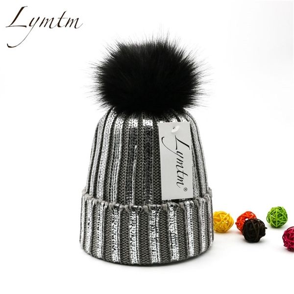

winter metallic knitted 13cm pompom beanie hat women fashion faux fur pom pom bronze warm knit hats girls beanies caps 220107, Blue;gray
