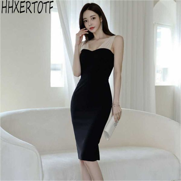 

summer elegant temperament womens sleeveless patchwork bodycon pencil sheath dresses 210531, Black;gray
