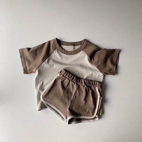 

clothing sets children suit 2021 summer simple solid color leisure contrast cotton short sleeve boys and girls korean shorts two piece set, White