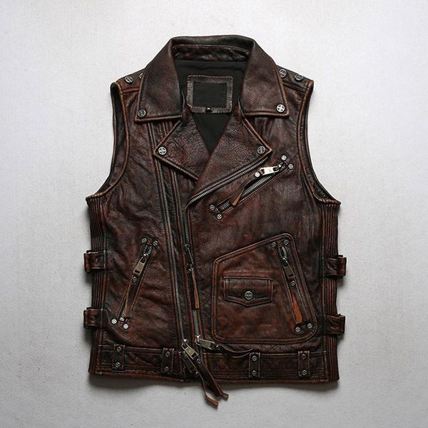 

men's vests 2021 vintage brown motorcycle style genuine leather vest men plus size 5xl real natural cowhide spring slim fit short coat, Black;white