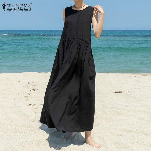 

casual dresses 2021 zanzea summer women dress bohemian sleeveless solid long sundress beach holiday vestidos sarafans femme, Black;gray
