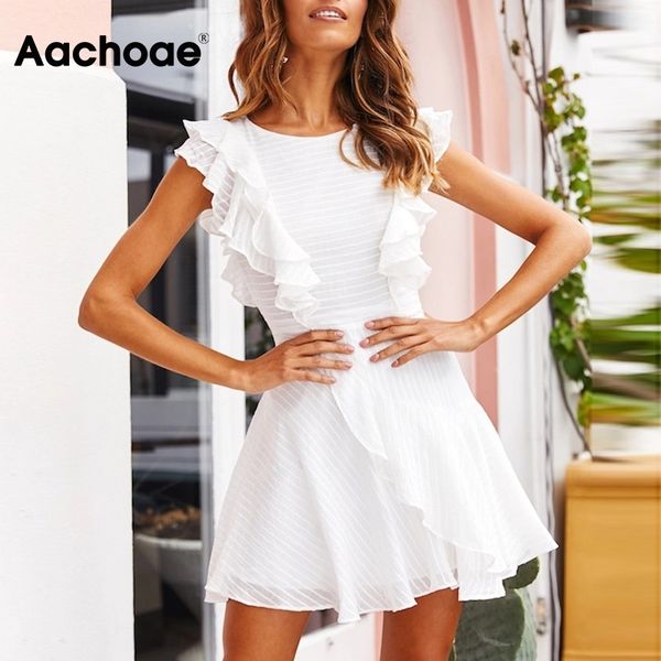 

aachoae women ruffle mini dress summer solid o neck ladies casual dresses sleeveless a line chic party dress vestidos mujer 210319, Black;gray