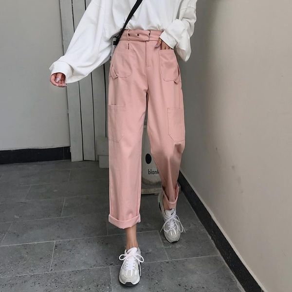 

women's pants & capris 2021 spring pockets cargo harajuku wide leg long loose sweatpant hip hop belt metal buckle ankle length trousers, Black;white