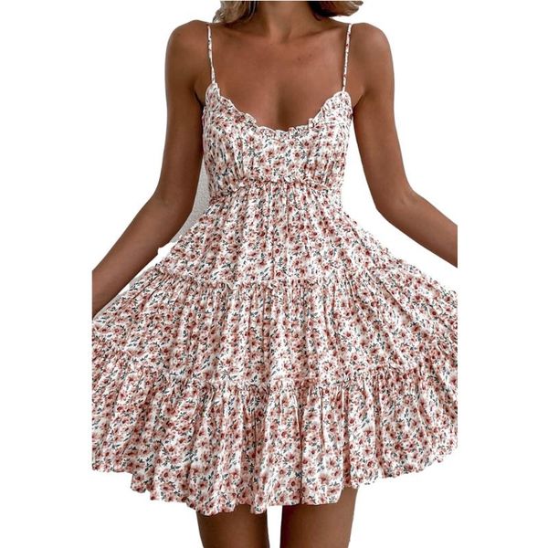 

backless floral print spaghetti strap mini dress women summer casual slim high waist ruffles decor holiday beach sundress dresses, Black;gray