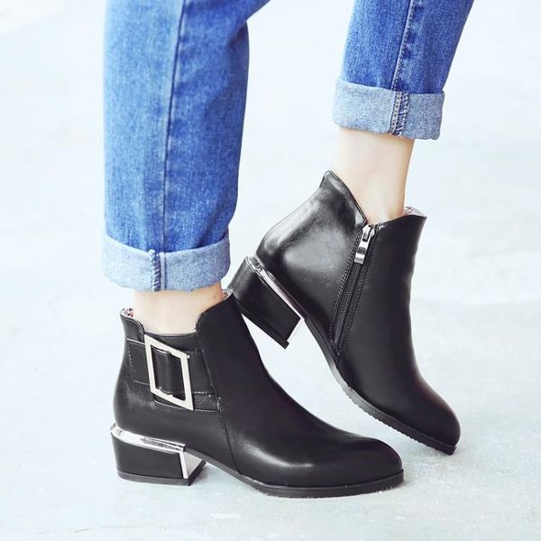 

boots big size 9 10 11 12 women shoes ankle for ladies woman winter side zipper with metal buckle, Black