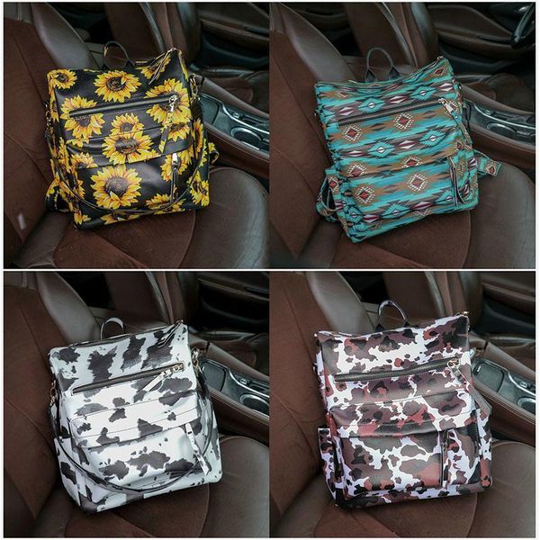 

school bags fashion sunflower printed girl book backpack large capacity pu leather leopard shoulder cow pattern travel handbag