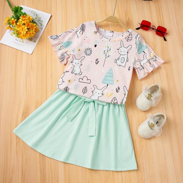 

clothing sets summer girl a line jewel lotus sleeve short cotton animal pullover europe america 2021 light green lovely fashionable ntz0099, White