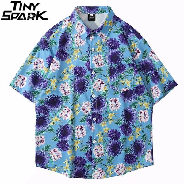

men hawaiian shirt hip hop harajuku streetwear flower print beach summer short sleeve aloha casual thin men's shirts, White;black