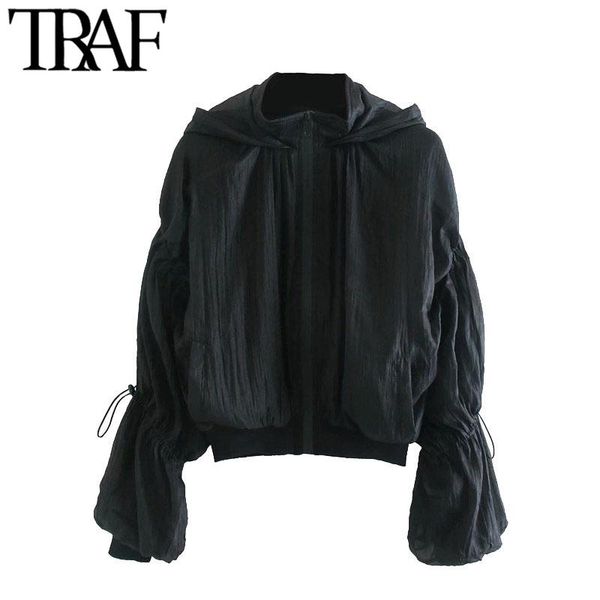 

women's hoodies & sweatshirts traf women fashion adjustable drawstrings organza vintage long sleeve side pockets female outerwear chic, Black