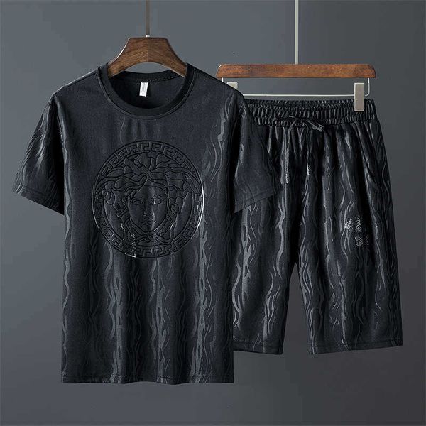 

fat tracksuits summer oversized loose print men's sportswear short sleeve two piece set, Gray