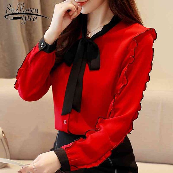 Мода женские топы и блузки красная шифоновая рубашка с длинным рукавом рубашки лук-воротник Офис 1318 40 210508