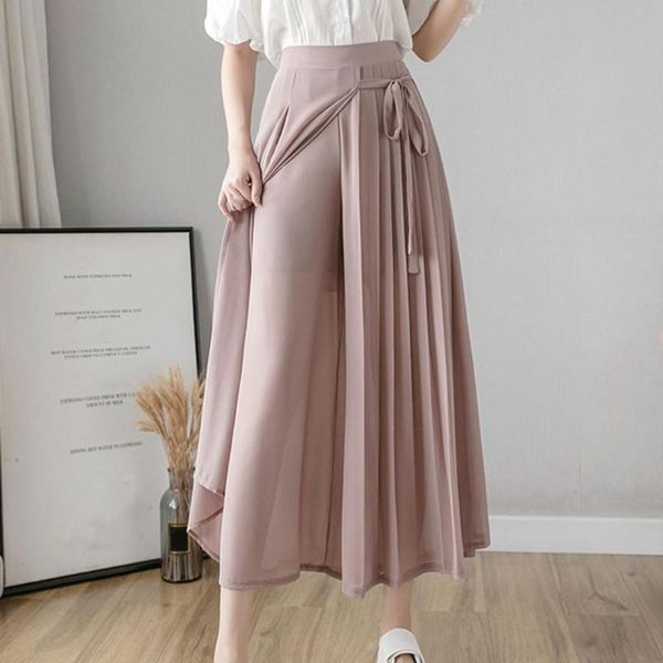 

women's pants & capris 2021 spring summer solid color wide leg elastic high waist pleated chiffon trousers large size casual woman, Black;white