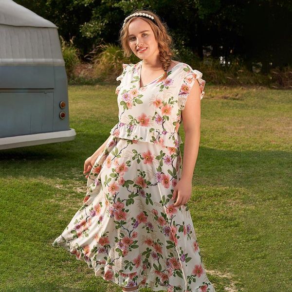 

plus size dresses women's summer dress 2021 fairy ruffle floral high waist 4xl skirt v neck length casual streetwear, Black