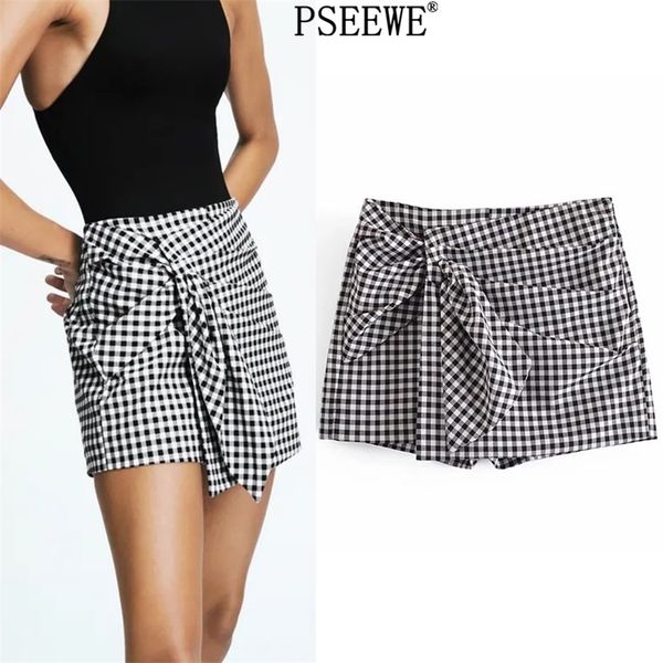 Damen Skort Za Schwarz Weiß Plaid Hohe Taille Kurzer Rock Frau Mode Gingham Vorderknoten Lässige Sommer Shorts 210611