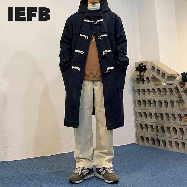 IEFB Wollmantel für Herren, koreanische Mode, über dem Knie, mittellang, lockere Kapuze, übergroß, Hornknopf, Herbst-Winter-Kleidung 9Y4793 210524