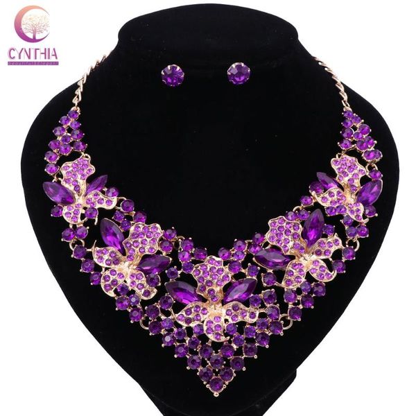 

earrings & necklace wedding jewelry purple crystal rhinestones flower set for women african bridal sets, Silver