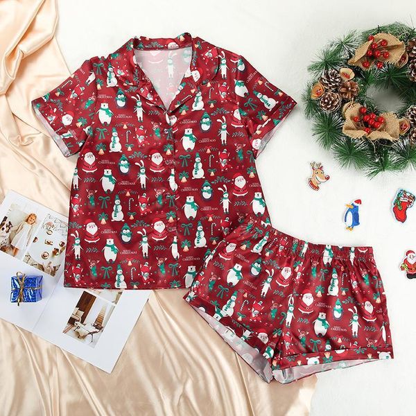 

print christmas pyjamas two piece women sleepwear set and short sleeve satin pajamas fashion pattern home suit sets, Black;red