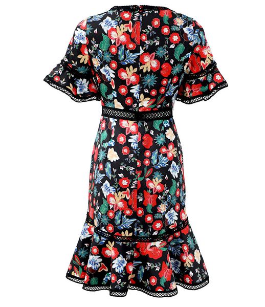 

capris est fashion designer 2021 summer women colorful flower print flare sleeve slim fitted party mermaid club, Black;gray