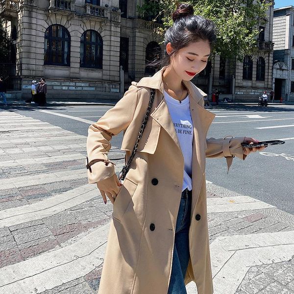 

women's trench coats 2021 autumn and winter windbreaker middle long korean loose over knee coat temperament spring, Tan;black