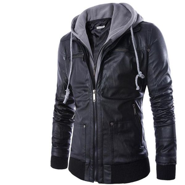 

men's fur & faux men leather jackets fall motorcycle pu jacket biker coats winter mens with hood veste cuir, Black