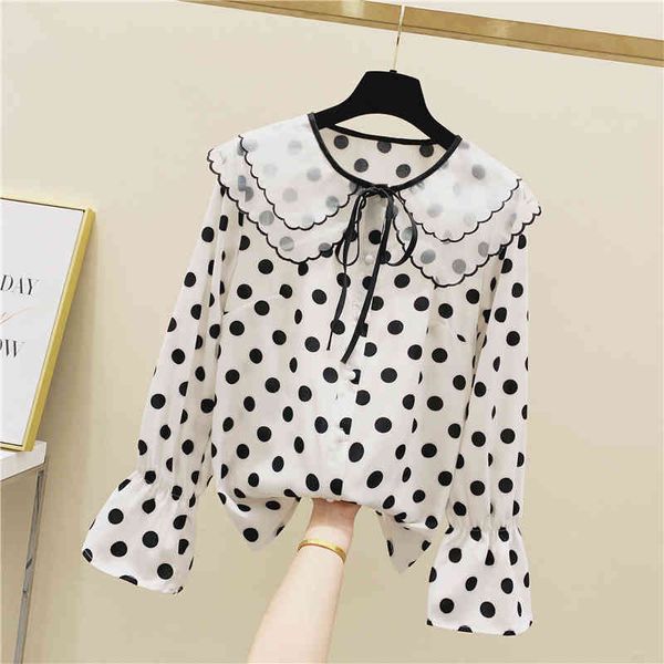 

autumn shirts women's flare long sleeves layered doll collar polka dot shirt ladies female blouse a3773 210428, White