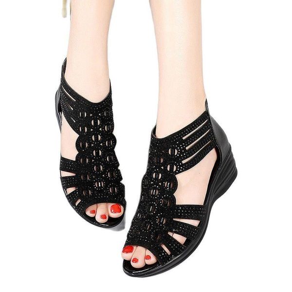 

sandals sandal women summer wedge 2021 roman mother water diamond fish mout soft soles open toe middle-aged cool boots, Black