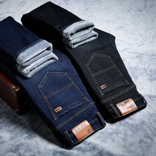 

men's jeans fleece warm high-end brand fashion casual straight stretch denim trousers 2021 winter male plus velvet pants, Blue