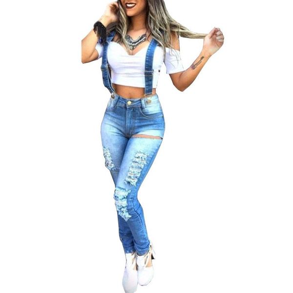 

women's jeans 2021 jumpsuit ladies solid slim denim rompers overalls trousers straps pants design hole, Blue
