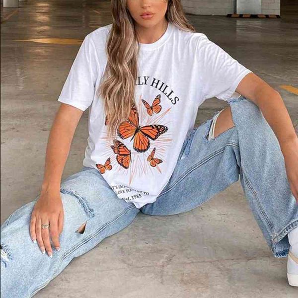 

tee white butterfly lettering tshirts of women in vintage female streetwear short sleeve t-shirt 2021 summer