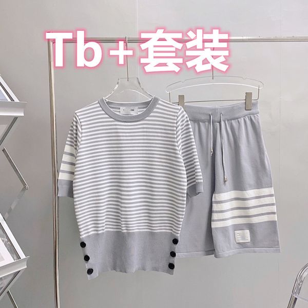 

luxury design fashion tb21 summer four bar light gray stripe women's leisure ice silk knitted shorts suit, White