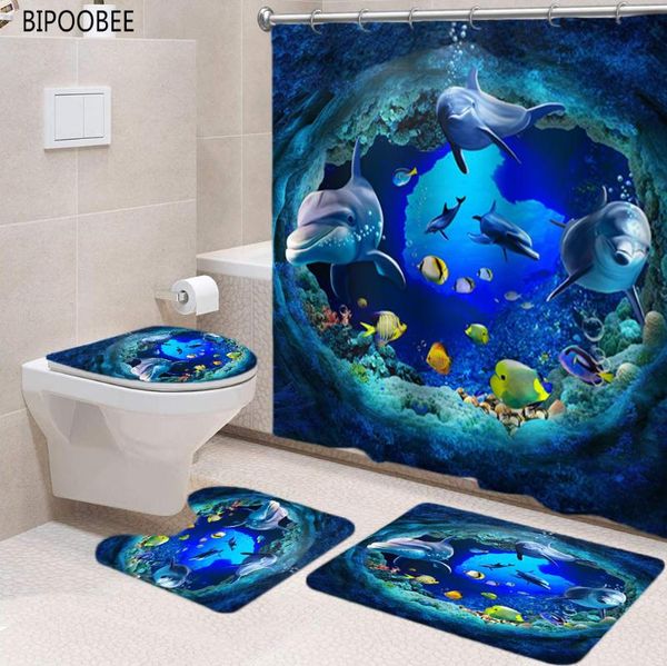 

shower curtains ocean dolphin polyester curtain set waterproof bathroom pedestal rug lid toilet cover bath mat sets home decor