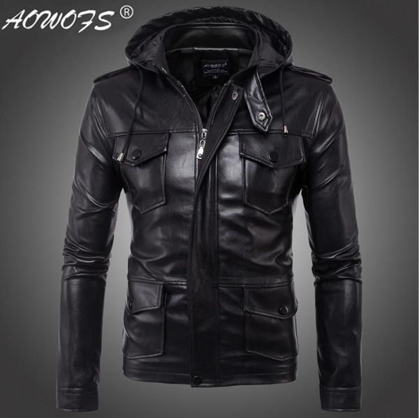 

men's fur & faux 2021 europe and america hooded motorcycle leather jacket autumn multi-pocket black pu coat big size 5xl