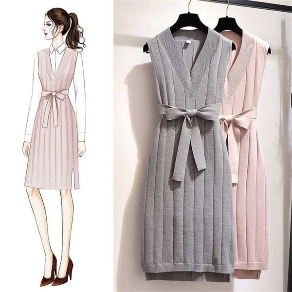 

women elegant sweater dresses autumn v-neck striped sashes sleeveless loose knitted casual vintage vestido fashion 211109, Black;gray