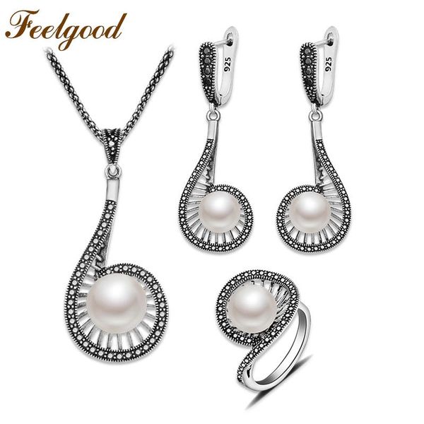 

earrings & necklace feelgood imitation pearl jewelry set unique design bijouterie women luxury vintage silver color ring sets