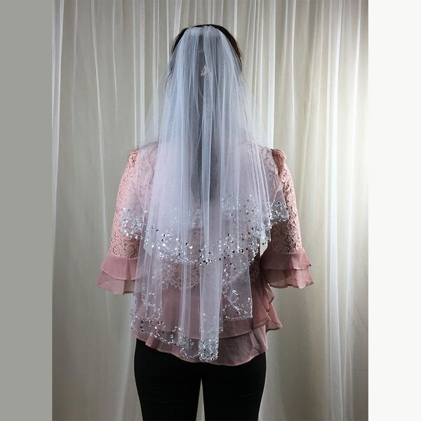

bridal veils 2021 elegant women veil 2 layers short sequin bead edge tulle wedding with comb white ivory in stocks, Black
