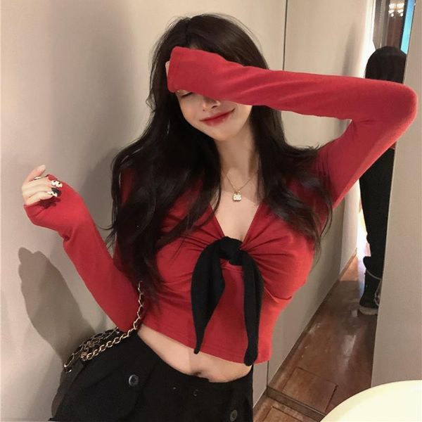 

women's t-shirt 2021 bow bandage fashionable slim french style short sexy, White