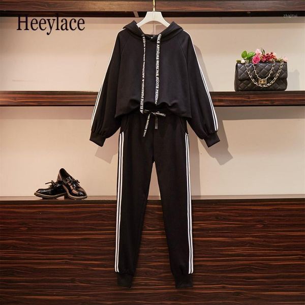 

two piece dress big size fashion tracksuit women autumn winter clothes long sleeve hoodies+pant set large plus black sport, White