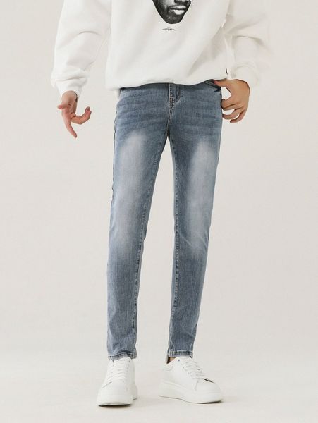 

men bleach wash tapered jeans f1or#, Blue