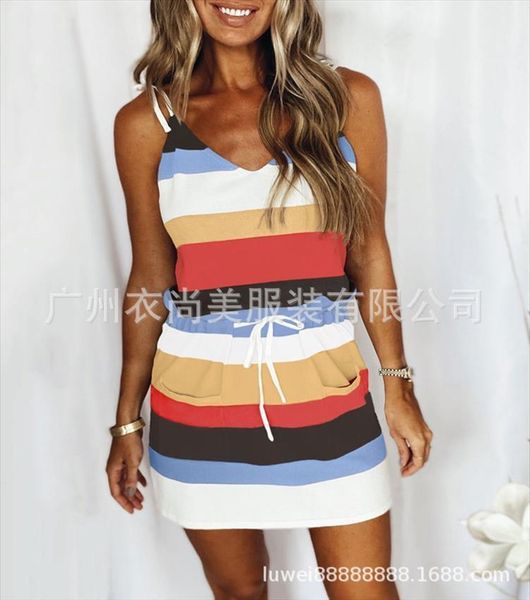 

summer products striped color womens dresses v neck drawstring sling, Black;gray