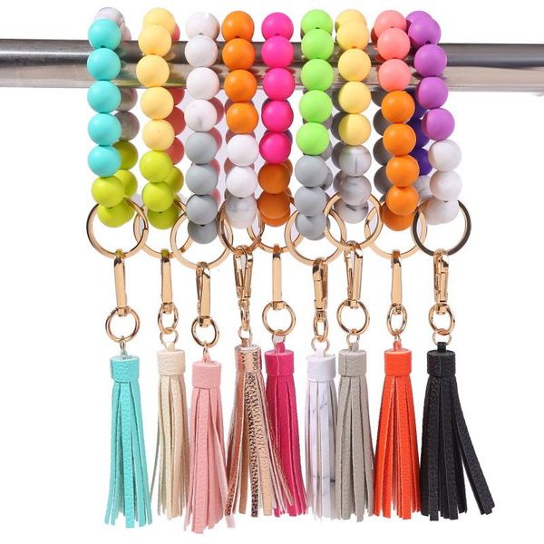 

soild color silicone elastic beaded wristlet key rings bracelet personalized tassel bangle jewelry wrist strap, Slivery;golden