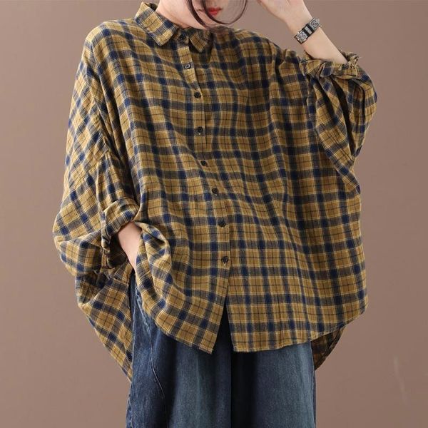 

women's blouses & shirts arrival spring autumn arts style women batwing sleeve loose shirt cotton plaid turn-down collar casual bi, White