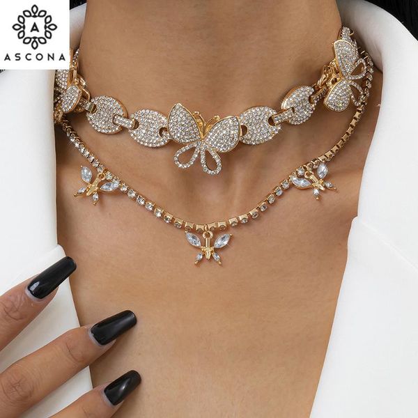 

chokers iced out butterfly necklace set cuban link chain choker women's rhinestone chains bling hip hop jewelry gift, Golden;silver