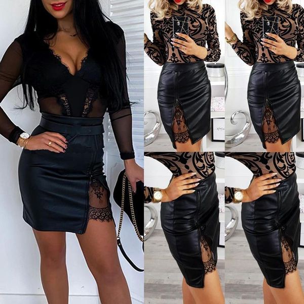 

pu leather lace mini women skirts clothing high waist zipper hollow out bag hip pencil outfits, Black