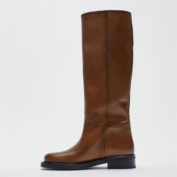 

boots ins women knee high cow genuine leather autumn winter warm female low heels riding shoes woman 2021, Black