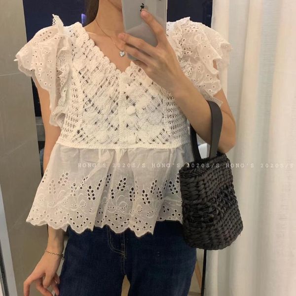 

women's blouses & shirts 2021 summer girls lace white apricot two colors flare short sleeves v-neck hollowed blouse